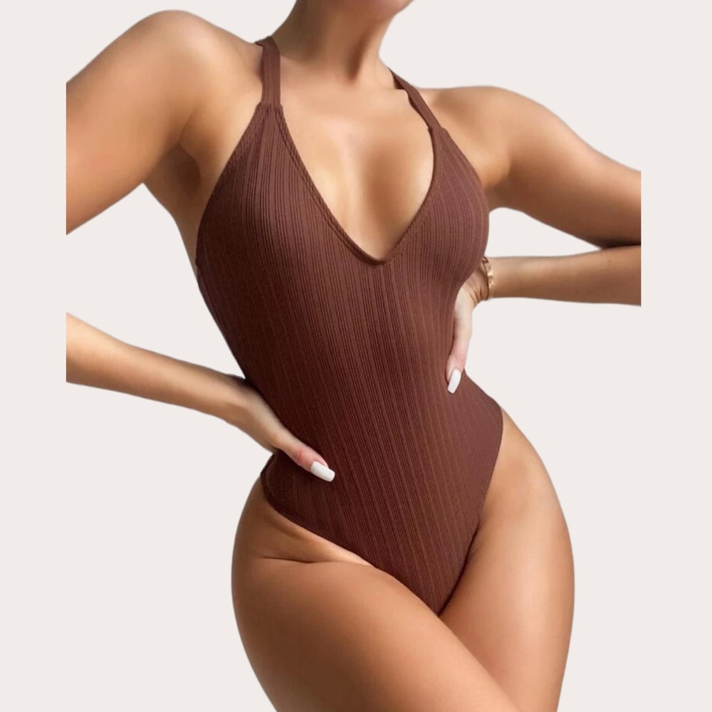 Brown Ribbed Criss Cross One Piece